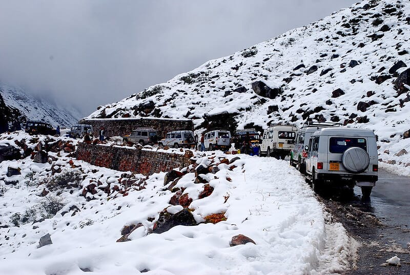 Cars in the Que Waiting for Snow Clearance on Road: Sikkim Tour in March