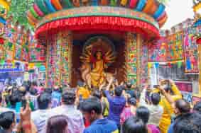 Captivating Interior of Ornately Decorated Durga Puja Pandal, Kolkata, West Bengal